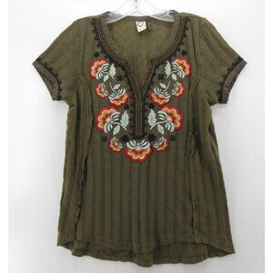 Akemi Kin Anthropologie Top XS Blouse Embroidered Floral Boho Knit